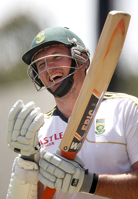 South Africa captain Graeme Smith gestures while batting in the nets on Tuesday