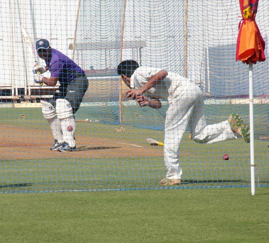 Virender Sehwag bats during a nets session at Wankhede on Wednesday