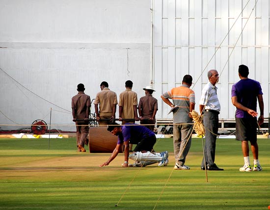 Harbhajan Singh inspects the pitch during a nets session on Wednesday