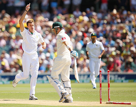 Morne Morkel celebrates after dismissing Australian captain Michael Clarke on Day 2 of the second Test at the Adelaide Oval on Friday