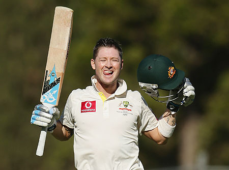 Michael Clarke celebrates on completing his double hundred on Thursday