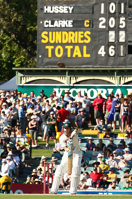 The scoreboard is seen as Michael Clarke bats on day one of the 2nd Test at Adelaide Oval on Thursday