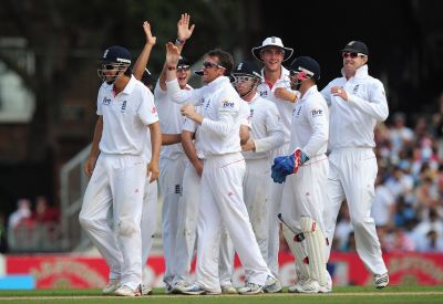 England team celebrates after winning a Test match