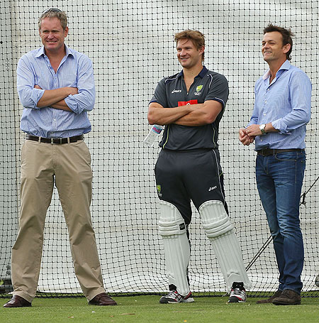 Tom Moody, Shane Watson and Adam Gilchrist look on during an Australian training session at WACA on Wednesday
