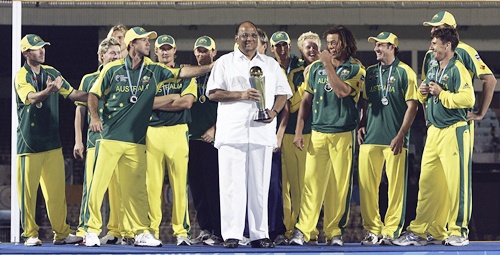 Ricky Ponting of Australia asks BCCI president Sharad Pawar for the trophy after the final of the ICC Champions Trophy