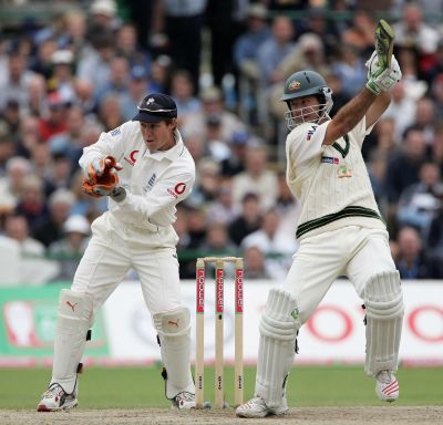 Australian captain Ricky Ponting hits out watched by Geraint Jones of England during day five of the Third npower Ashes Test match
