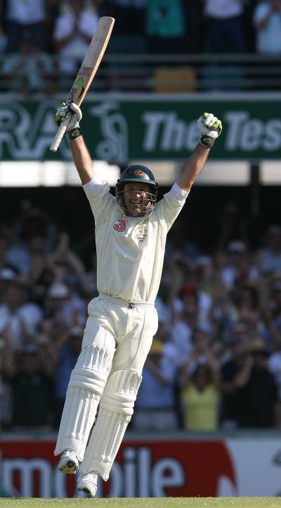 Ricky Ponting of Australia celebrates reaching his century during day one of the first Ashes Test