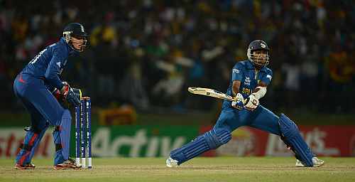 Mahela Jayawardene of Sri Lanka bats watched by England wicketkeeper Jonathan Bairstow during the ICC World Twenty20 2012 Super Eights Group 1 match between Sri Lanka and England