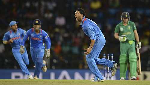 India's Yuvraj Singh celebrates after dismissing South Africa's AB de Villiers during the ICC World Twenty20 Super 8 match