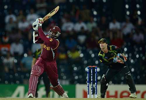 Chris Gayle of the West Indies hits out for six runs during the ICC World Twenty20 2012 Semi Final between Australia and the West Indies