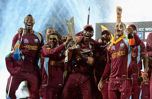 West Indies team with the trophy after winning the ICC World Twenty20 2012 Final between Sri Lanka and the West Indies