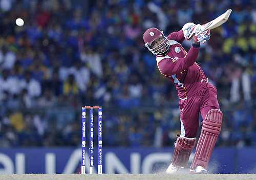 West Indies' Marlon Samuels plays shot during their World Twenty20 final cricket match against Sri Lanka in Colombo