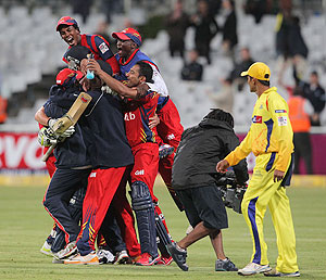Highveld Lions players celebrate their win against Chennai Super Kings on Tuesday