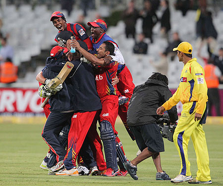 Highveld Lions players celebrate after defeating Chennai Super Kings on Tuesday