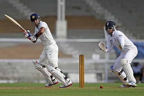India 'A' Manoj Tiwary hits a shot on the first day of the warm-up game against England in Mumbai