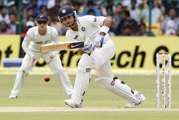 India's Virat Kohli plays a shot during the second day of their second Test match against New Zealand in Bangalore