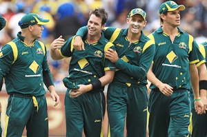 Daniel Christian (second left) of Australia celebrates with team mate Michael Hussey (centre)