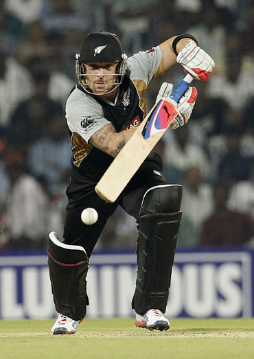 New Zealand's Brendon McCullum hits a shot during their second Twenty20 cricket match against India in Chennai