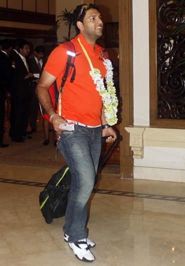 Yuvraj Singh arrives at the team's hotel ahead of the World Twenty20