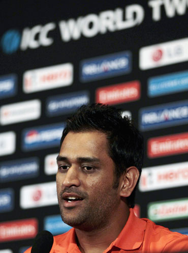 India's captain Mahendra Singh Dhoni speaks to reporters at a captains' news conference