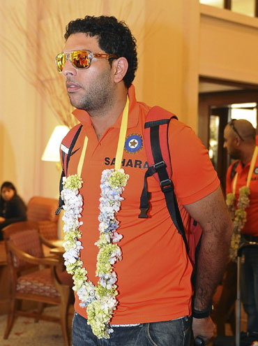 India's Yuvraj Singh arrives at a hotel ahead of the World Twenty20 cricket series in Colombo
