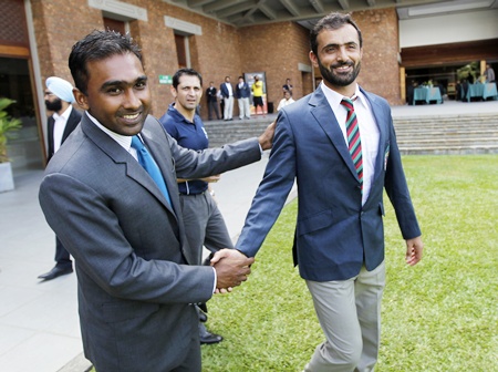 Sri Lanka's captain Mahela Jayawardene (left) and Afghanistan's captain Nawroz Mangal