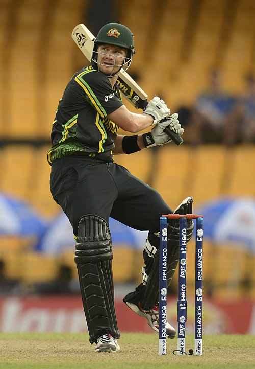 Australia's Shane Watson hits out during the World Twenty20 group B match against Ireland at the R. Premadasa Stadium, Colombo