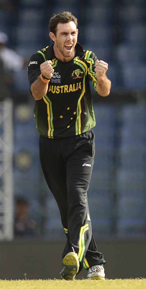 Australia's Glenn Maxwell celebrates dismissing Ireland's Ed Joyce during the World Twenty20 group B match at the R. Premadasa Stadium, Colombo