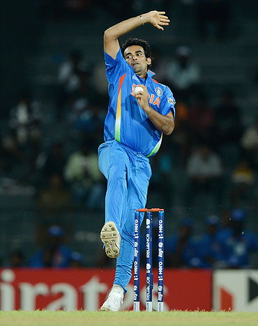 Zaheer Khan bowls during the match against Afghanistan