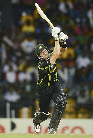 Australia's Shane Watson hits a six during the World Twenty20 match against the West Indies on Saturday