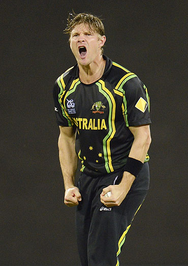 Australia's Shane Watson celebrates after dismissing West Indies' Chris Gayle