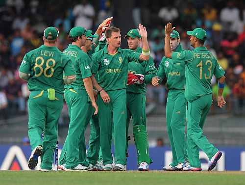 Dale Steyn of South Africa celebrates the wicket of Imran Nazir of Pakistan with teammate AB De Villiers during the Super Eight match between Pakistan and South Africa