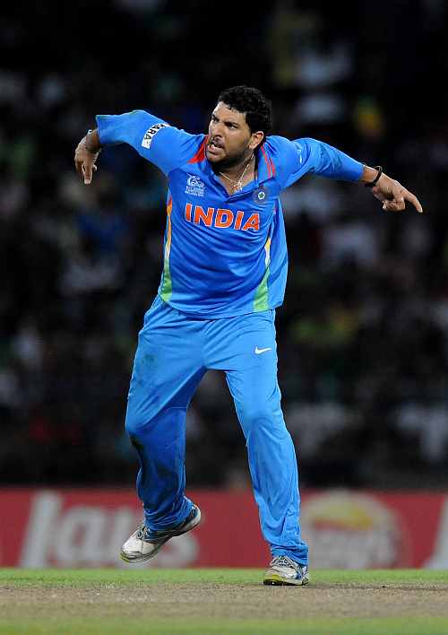 Yuvraj Singh celebrates the wicket of Kamran Akmal of Pakistan during the ICC T20 World Cup, Super Eight group 2 match between Pakistan and India