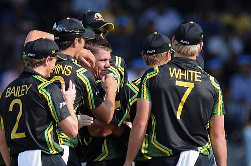 Xavier Doherty of Australia is congratulated by teammates as he claims the wicket of Jacques Kallis of South Africa during the Ninth super eight match between Australia and South Africa