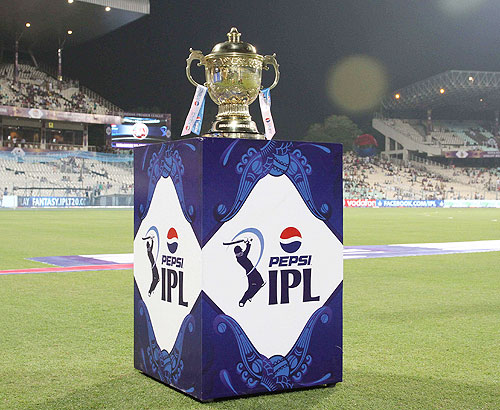 The Indian Premier League trophy on display before the match between Kolkata Knight Riders and Delhi Daredevils on Wednesday
