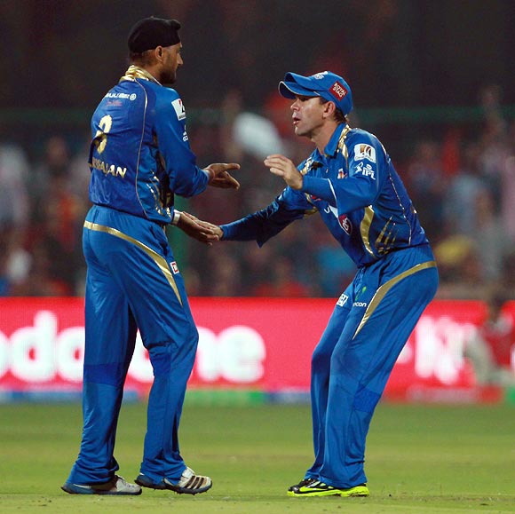 Ricky Ponting congratulates Harbhajan Singh on taking the wicket of Dan Christian