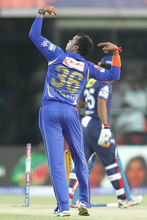 Sree Sreesanth of Rajasthan Royals celebrates after bowling Unmukt Chand of Delhi Daredevils