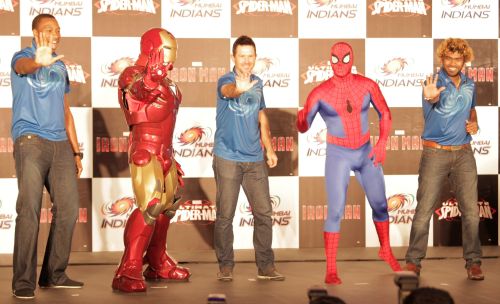 Mumbai Indians captain Ricky Ponting, Kieron Pollard and Lasith Malinga pose with Marvel Super Heros Ironman and Spiderman