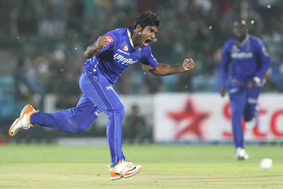 Rahul Shukla of Rajasthan Royals celebrates after bowling Manvinder Bisla of Kolkata Knight Riders