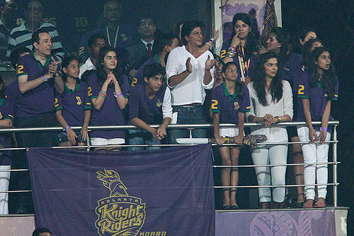 Shah Rukh Khan cheers on KKR during the opening match of the Indian Premier League between the Kolkata Knight Riders and Delhi Daredevils
