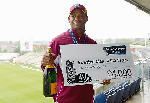 Marlon Samuels of the West Indies with his man of the series award after the 3rd Test match between England and the West Indies at Edgbaston on June 11, 2012 in Birmingham