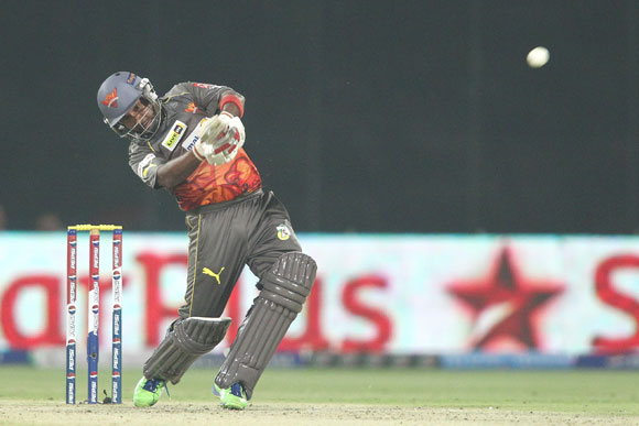 Amit Mishra of Sunrisers Hyderabad hits over the top