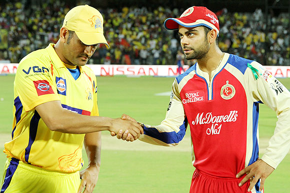 CSK captain Mahendra Singh Dhoni and RCB captain Virat Kohli at toss on Saturday