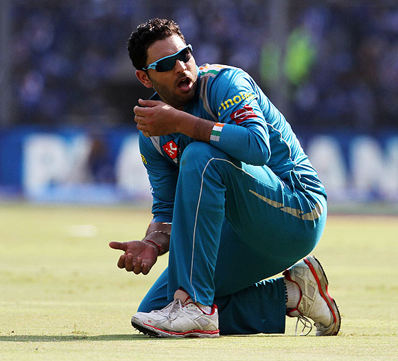 Yuvraj Singh reacts after dropping Rohit Sharma