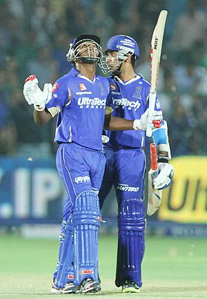 Rajasthan Royals' player Sanju Samson and Ajinkya Rahane celebrate after defeating Punjab on Sunday