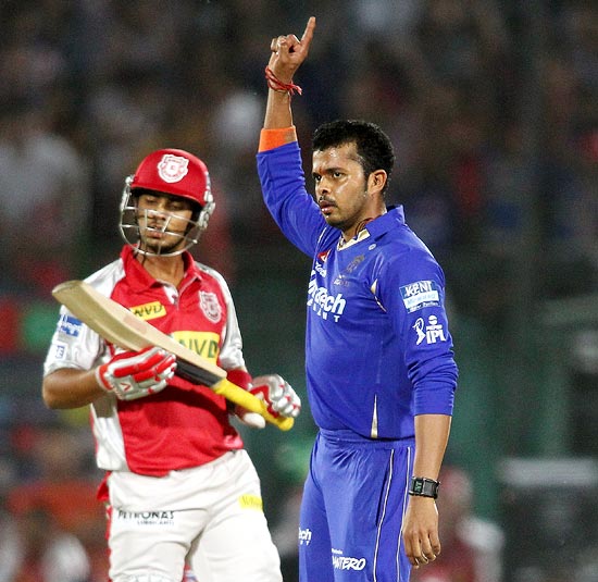 S Sreesanth celebrates getting the wicket of Mandeep Singh