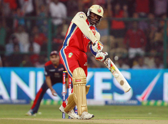 Chris Gayle hits the first six of the innings