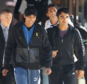 Mohammad Amir, Mohammad Asif (centre) and Salman Butt after a court hearing in London