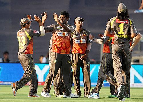 Players of Hyderabad Sunrisers celebrate a wicket