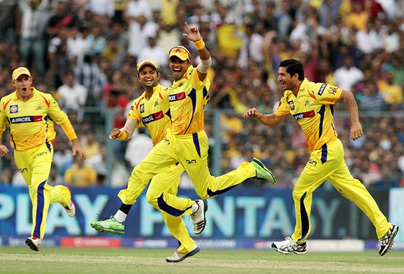 S Badrinath (centre) celebrates with team mates after running out Jacques Kallis